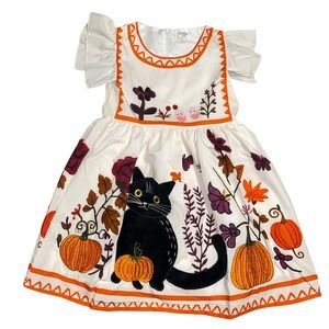 Girls Boutique Orange‎ Black Cat Pumpkin Embroidered Halloween Dress 3T 4T Kids